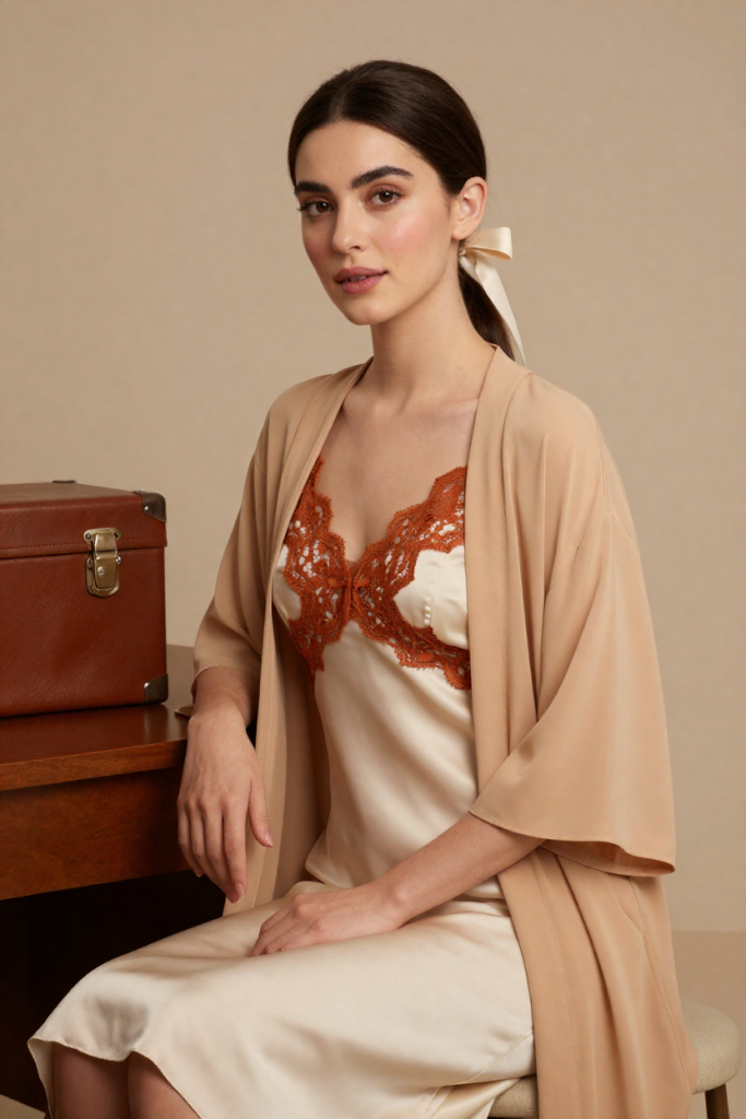 HuarenExpress muse in a cream silk slip dress with burnt-orange lace beside a closed plain leather dispatch box